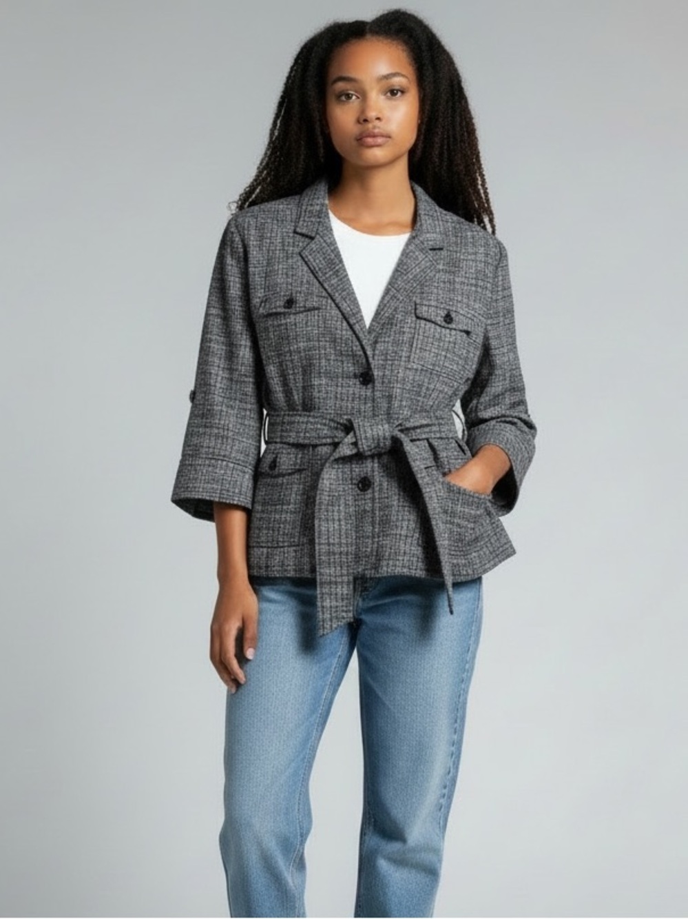 Express Y2K Black & White Plaid Belted Blazer Jacket